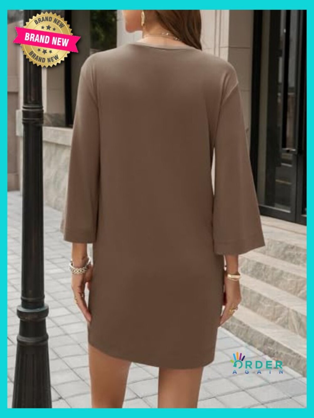 3/4 Sleeve Crewneck Shift Mini Dress Casual Loose Fit Summer Tee Dress with - Picture 5 of 6